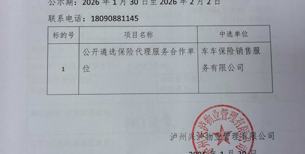 泸州兴泸物业管理有限公司保险代理服务合作单位遴选结果公示
