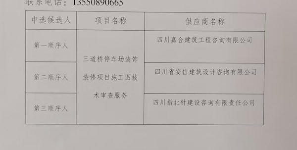 泸州兴泸智慧城市生活服务有限公司三道桥停车场装饰装修项目施工图技术审查询价结果公示